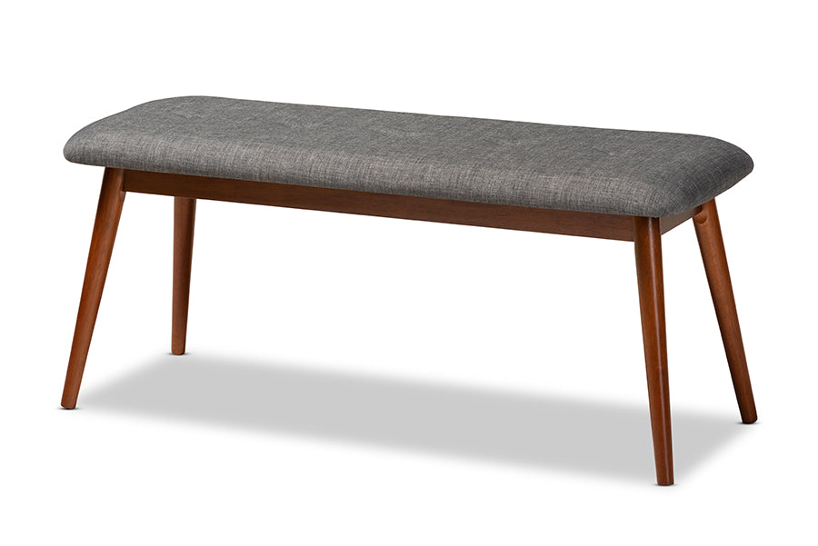 Flora II Mid-Century Modern Dark Grey Fabric Upholstered Medium Oak Finished Wood Dining Bench