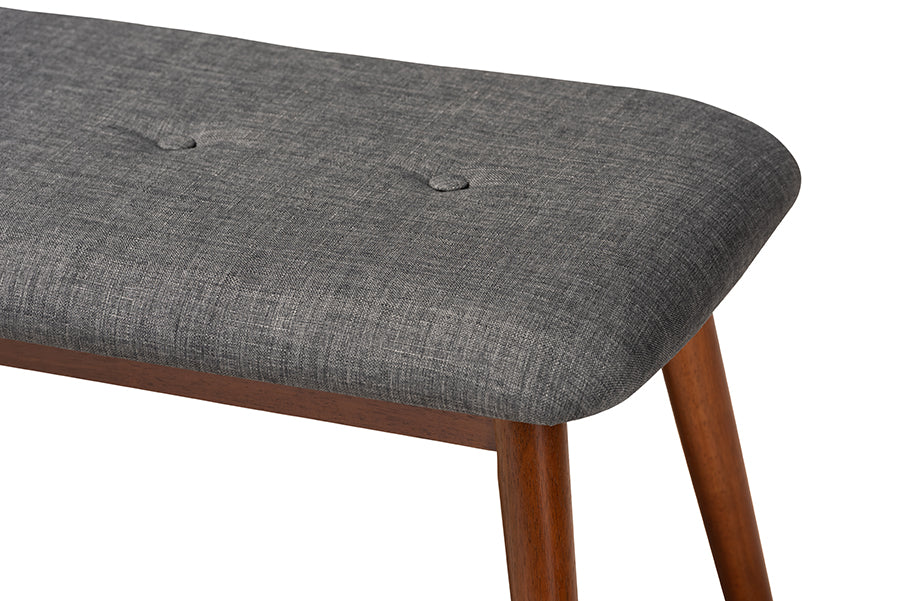 Flora II Mid-Century Modern Dark Grey Fabric Upholstered Medium Oak Finished Wood Dining Bench