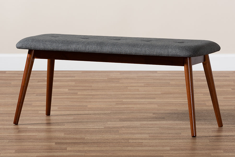 Flora II Mid-Century Modern Dark Grey Fabric Upholstered Medium Oak Finished Wood Dining Bench