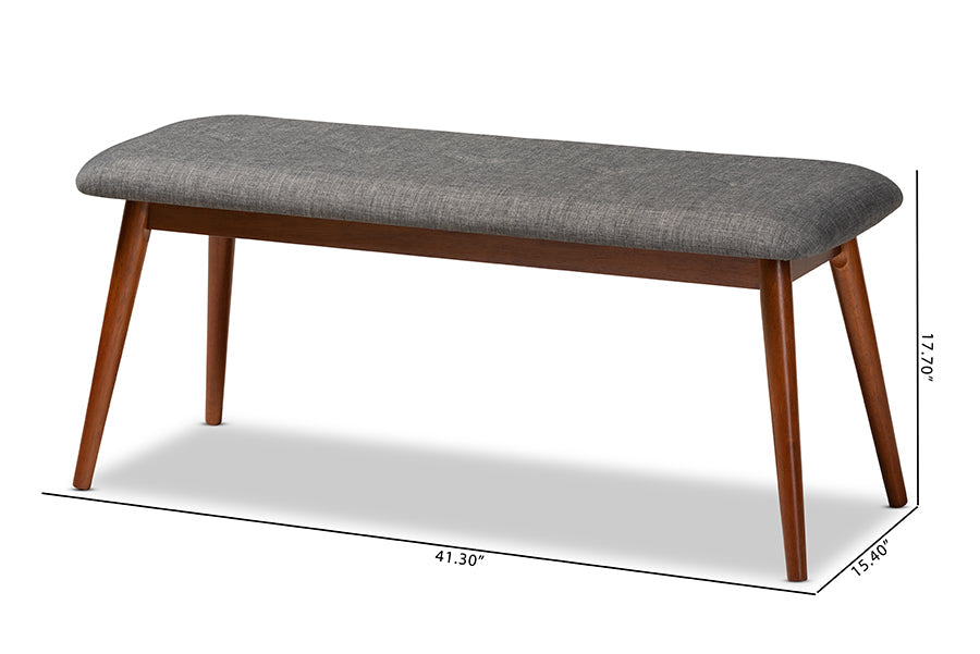 Flora II Mid-Century Modern Dark Grey Fabric Upholstered Medium Oak Finished Wood Dining Bench