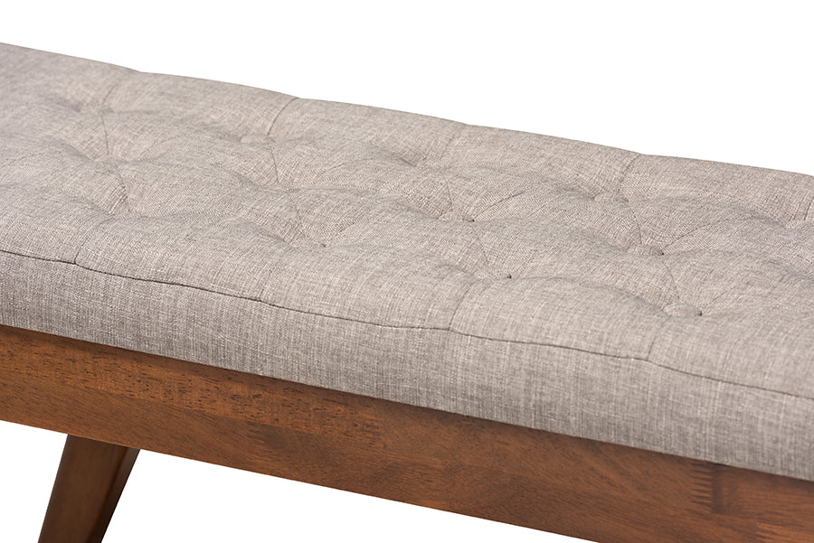 Alona Mid-Century Modern Light Grey Fabric Upholstered Wood Dining Bench