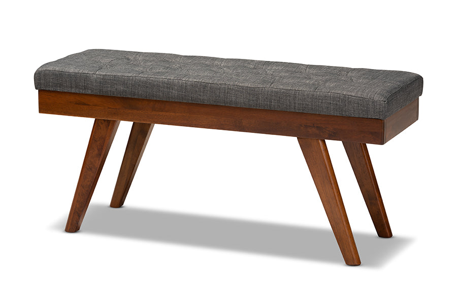 Alona Mid-Century Modern Medium Grey Fabric Upholstered Wood Dining Bench