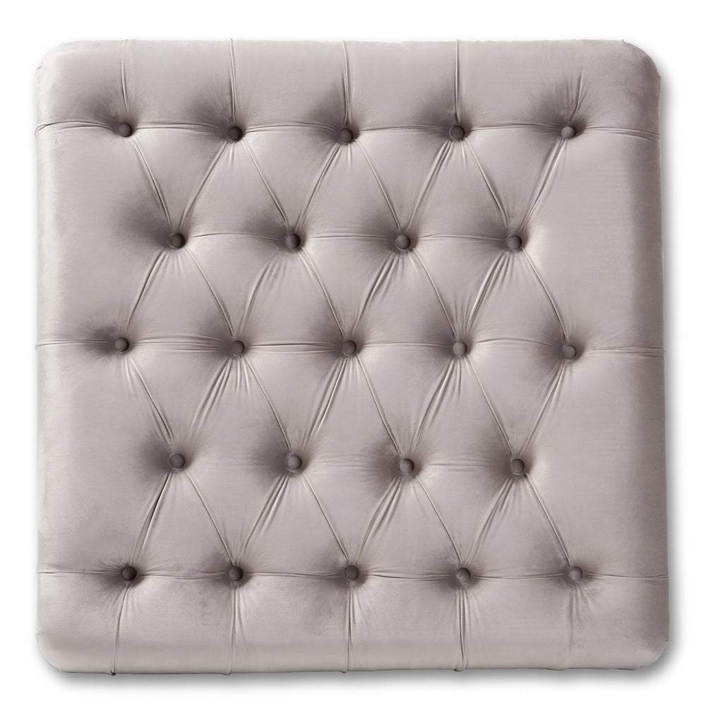 Keswick Transitional Grey Velvet Fabric Upholstered Button Tufted Cocktail Ottoman