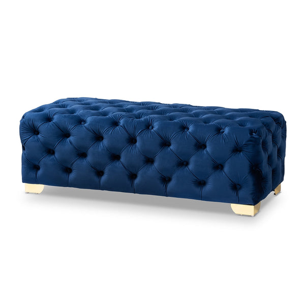 Avara Royal Blue Velvet Fabric Upholstered Gold Finished Button Tufted Bench Ottoman