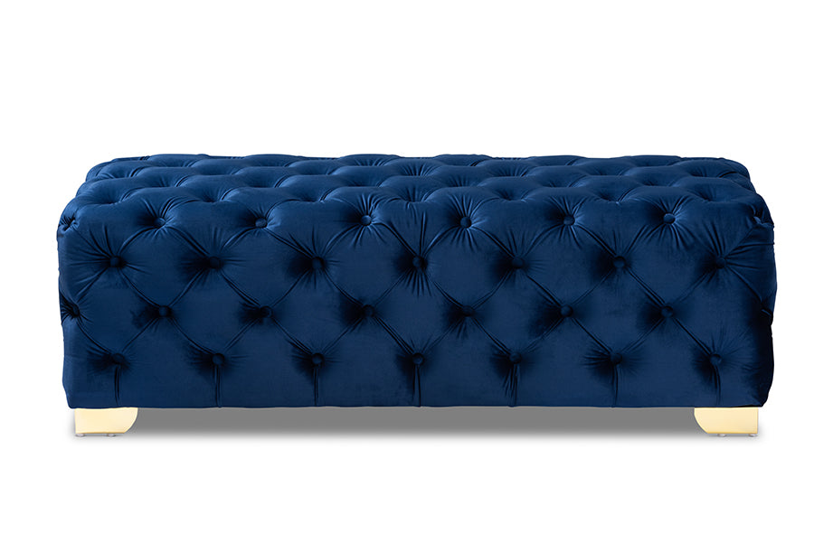 Avara Royal Blue Velvet Fabric Upholstered Gold Finished Button Tufted Bench Ottoman