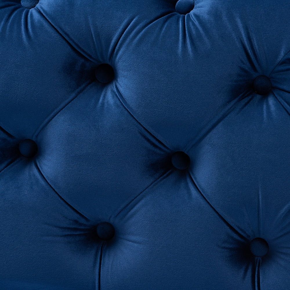 Avara Royal Blue Velvet Fabric Upholstered Gold Finished Button Tufted Bench Ottoman