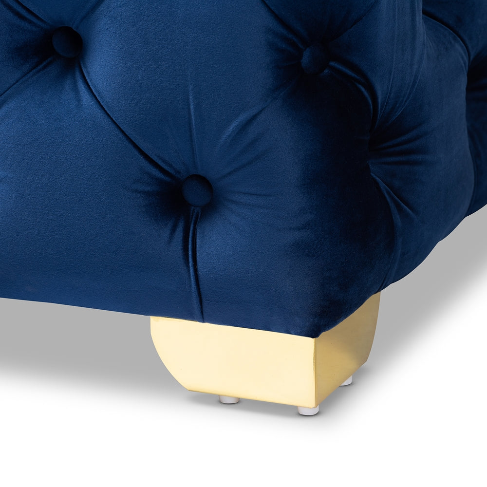Avara Royal Blue Velvet Fabric Upholstered Gold Finished Button Tufted Bench Ottoman