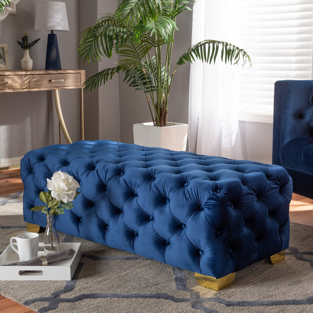 Avara Royal Blue Velvet Fabric Upholstered Gold Finished Button Tufted Bench Ottoman