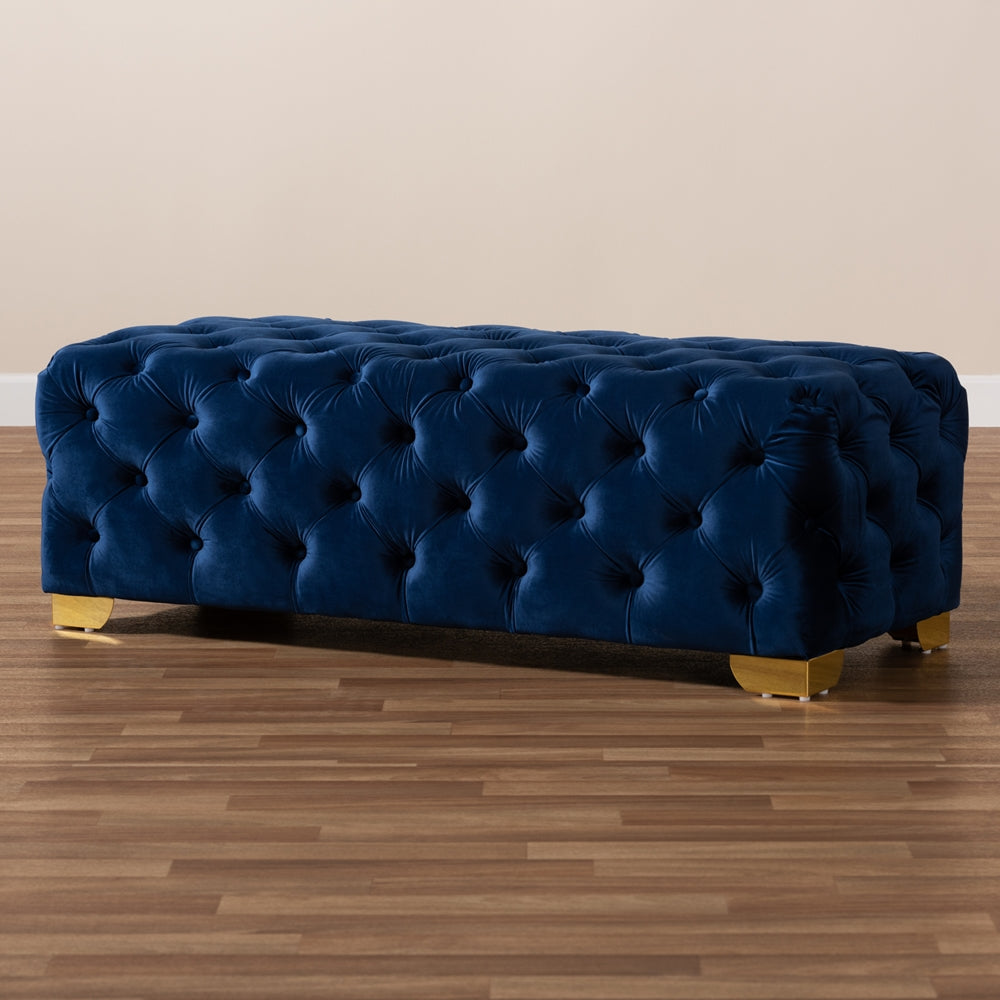 Avara Royal Blue Velvet Fabric Upholstered Gold Finished Button Tufted Bench Ottoman