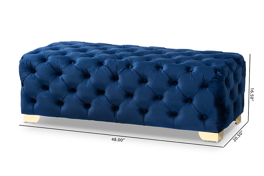 Avara Royal Blue Velvet Fabric Upholstered Gold Finished Button Tufted Bench Ottoman