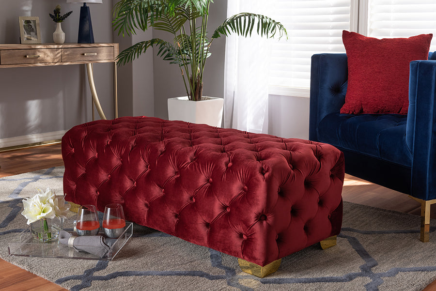 Baxton Studio Avara Glam and Luxe Burgundy Velvet Fabric Upholstered Gold Finished Button Tufted Bench Ottoman