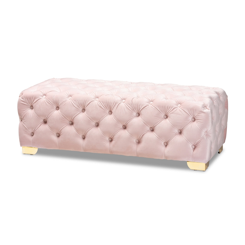 Avara Light Pink Velvet Fabric Upholstered Gold Finished Button Tufted Bench Ottoman