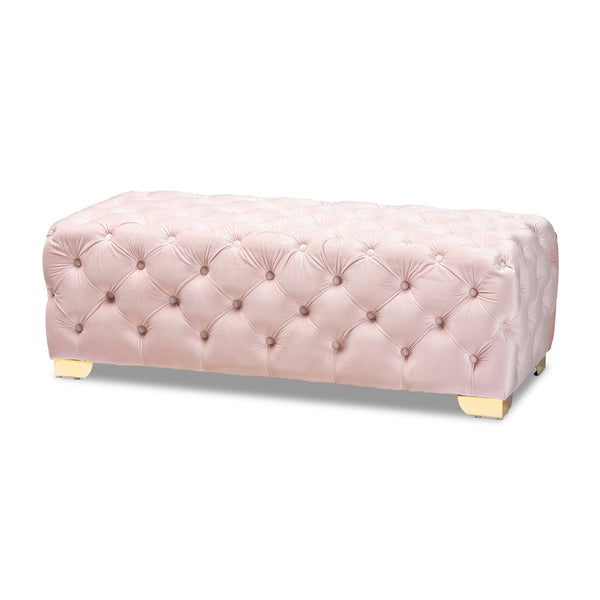 Avara Light Pink Velvet Fabric Upholstered Gold Finished Button Tufted Bench Ottoman