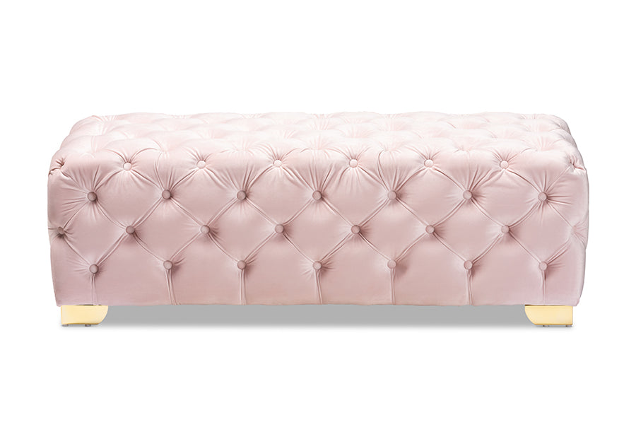 Avara Light Pink Velvet Fabric Upholstered Gold Finished Button Tufted Bench Ottoman
