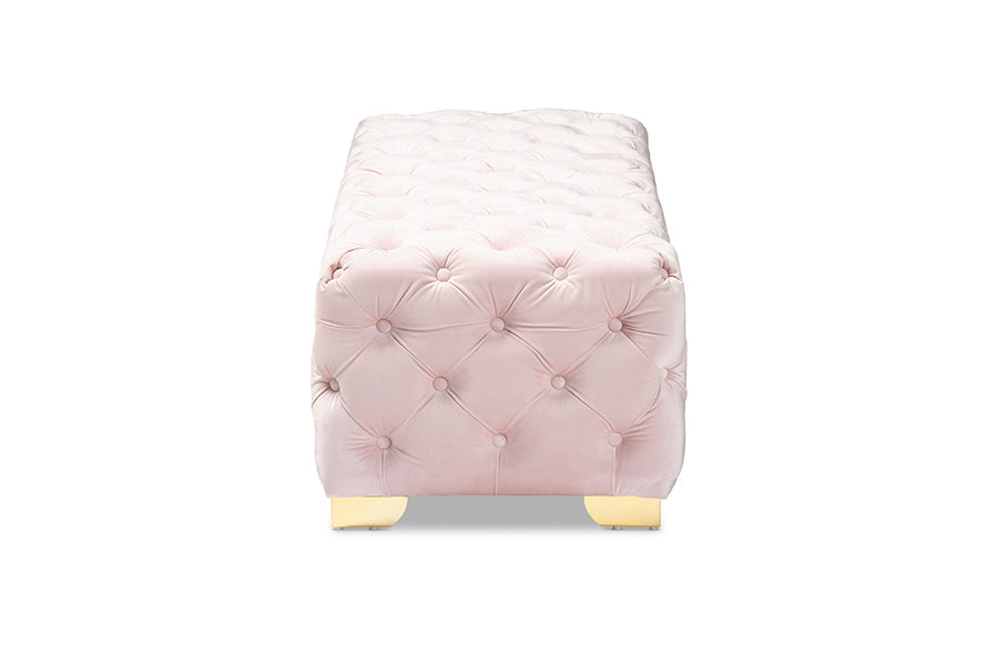 Avara Light Pink Velvet Fabric Upholstered Gold Finished Button Tufted Bench Ottoman
