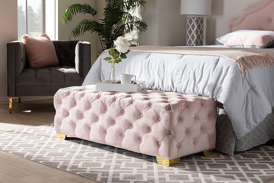 Baxton Studio Avara Glam and Luxe Light Pink Velvet Fabric Upholstered Gold Finished Button Tufted Bench Ottoman