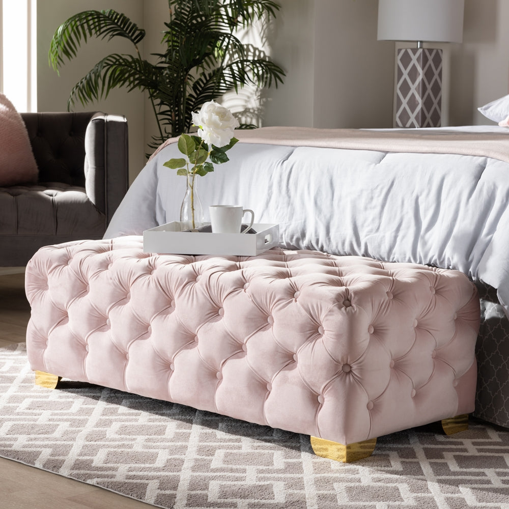 Avara Light Pink Velvet Fabric Upholstered Gold Finished Button Tufted Bench Ottoman