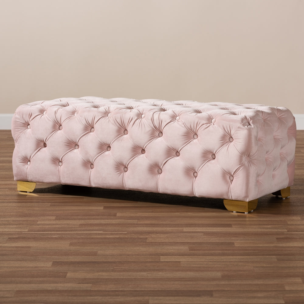 Avara Light Pink Velvet Fabric Upholstered Gold Finished Button Tufted Bench Ottoman