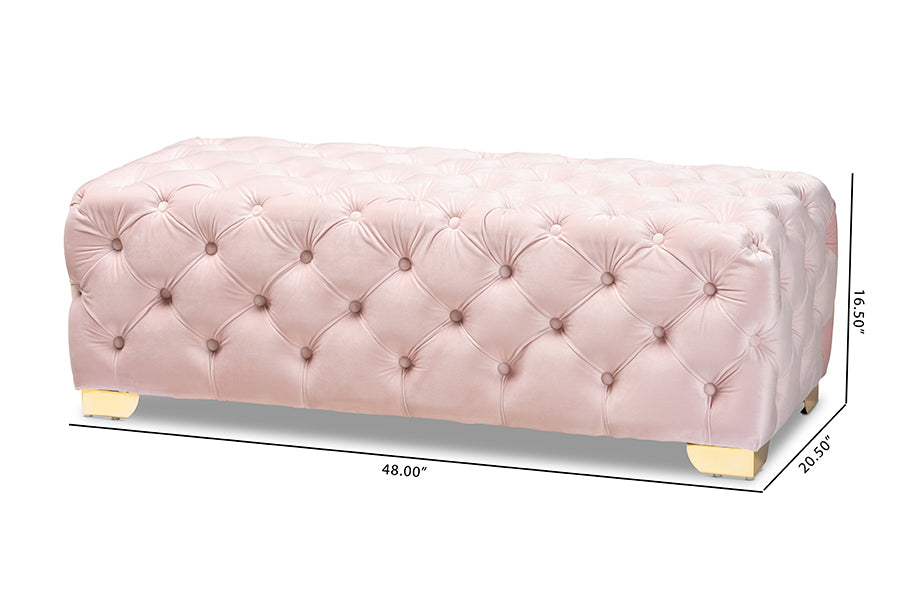 Avara Light Pink Velvet Fabric Upholstered Gold Finished Button Tufted Bench Ottoman