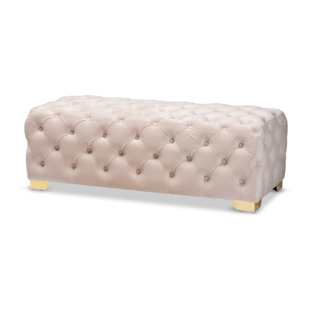 Avara Light Beige Velvet Fabric Upholstered Gold Finished Button Tufted Bench Ottoman