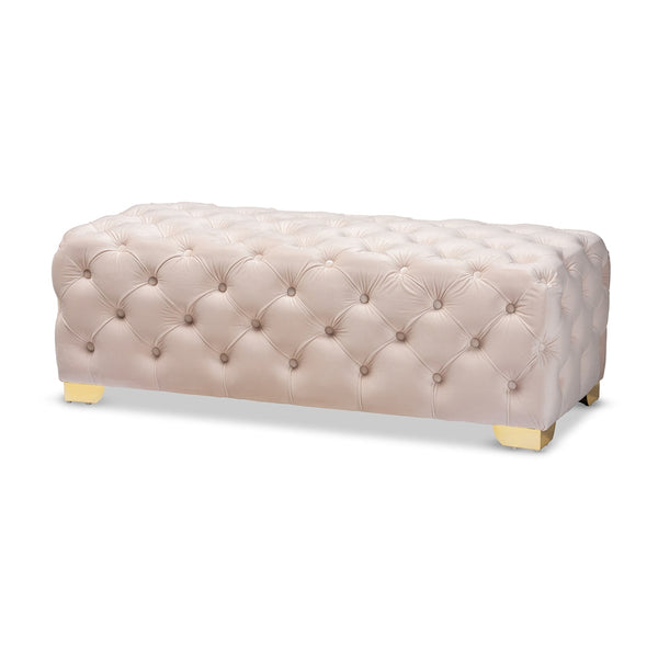 Avara Light Beige Velvet Fabric Upholstered Gold Finished Button Tufted Bench Ottoman