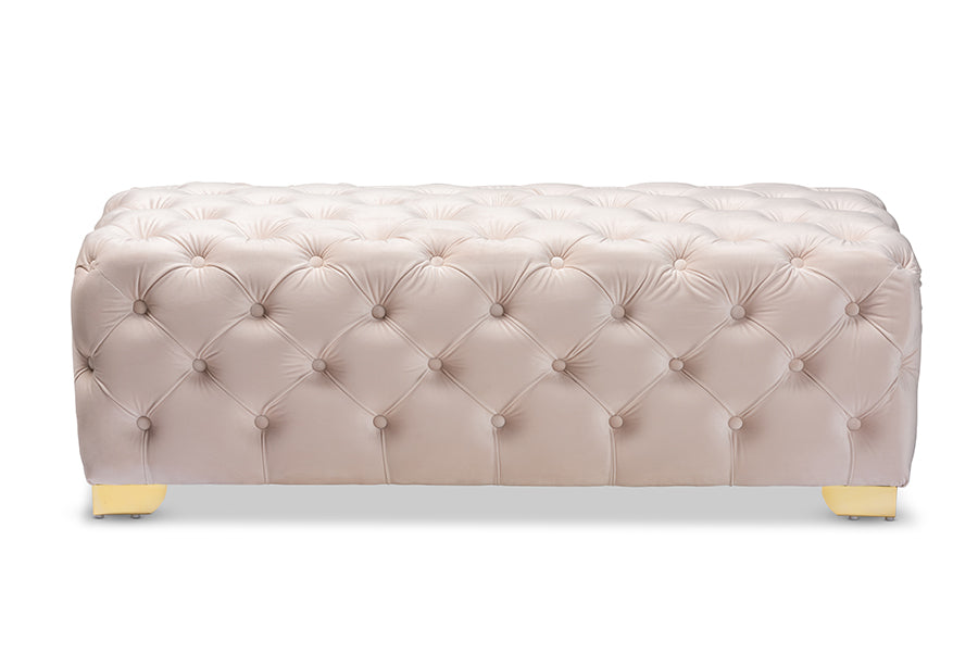 Avara Light Beige Velvet Fabric Upholstered Gold Finished Button Tufted Bench Ottoman