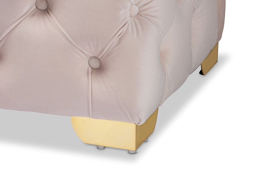 Avara Light Beige Velvet Fabric Upholstered Gold Finished Button Tufted Bench Ottoman