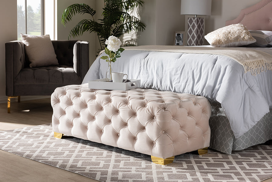 Avara Light Beige Velvet Fabric Upholstered Gold Finished Button Tufted Bench Ottoman
