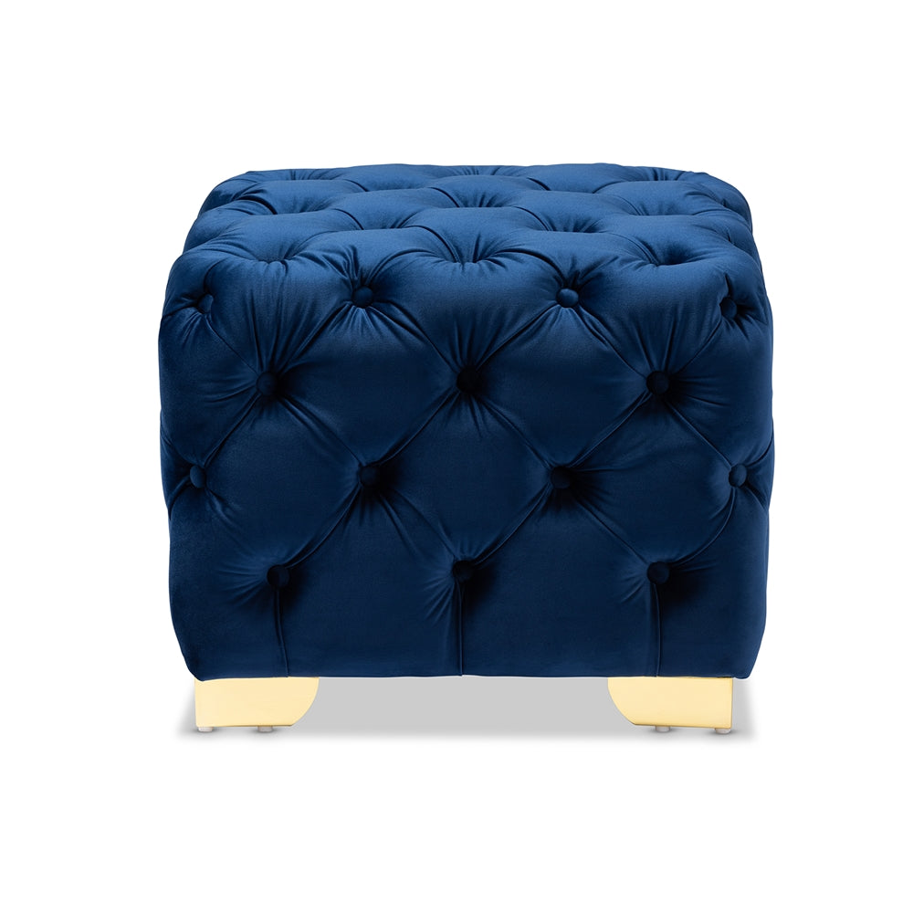 Avara  and  Velvet Fabric Upholstered Gold Finished Button Tufted Ottoman
