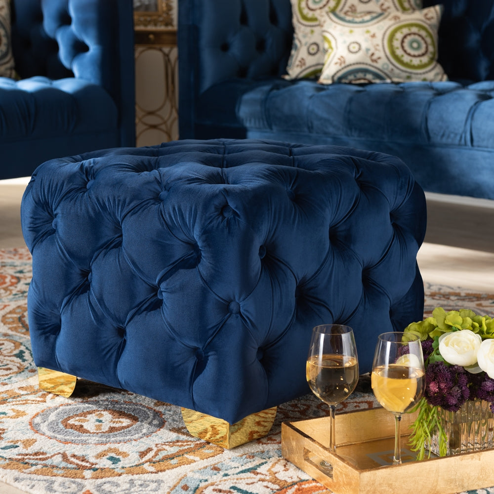 Avara  and  Velvet Fabric Upholstered Gold Finished Button Tufted Ottoman