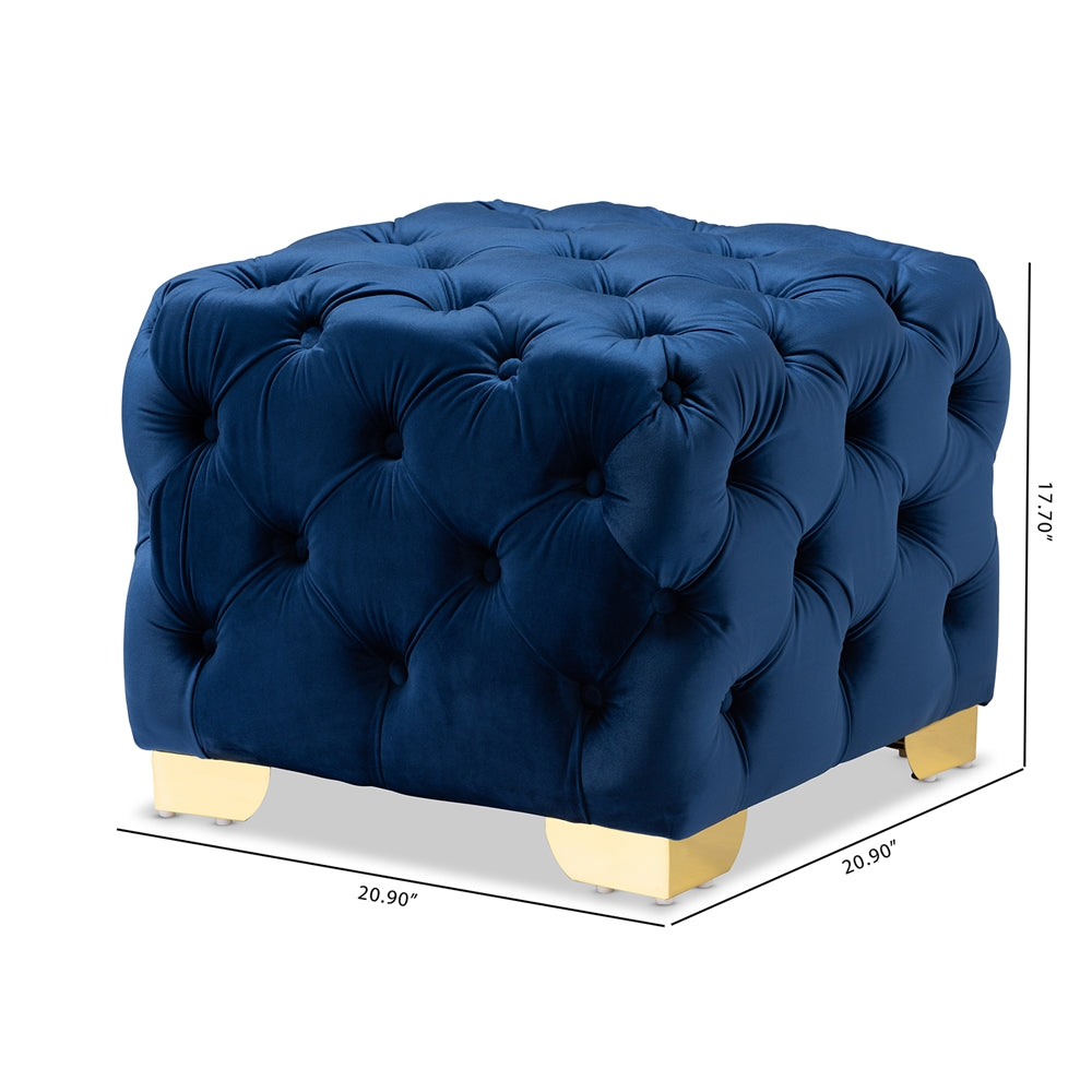 Avara  and  Velvet Fabric Upholstered Gold Finished Button Tufted Ottoman