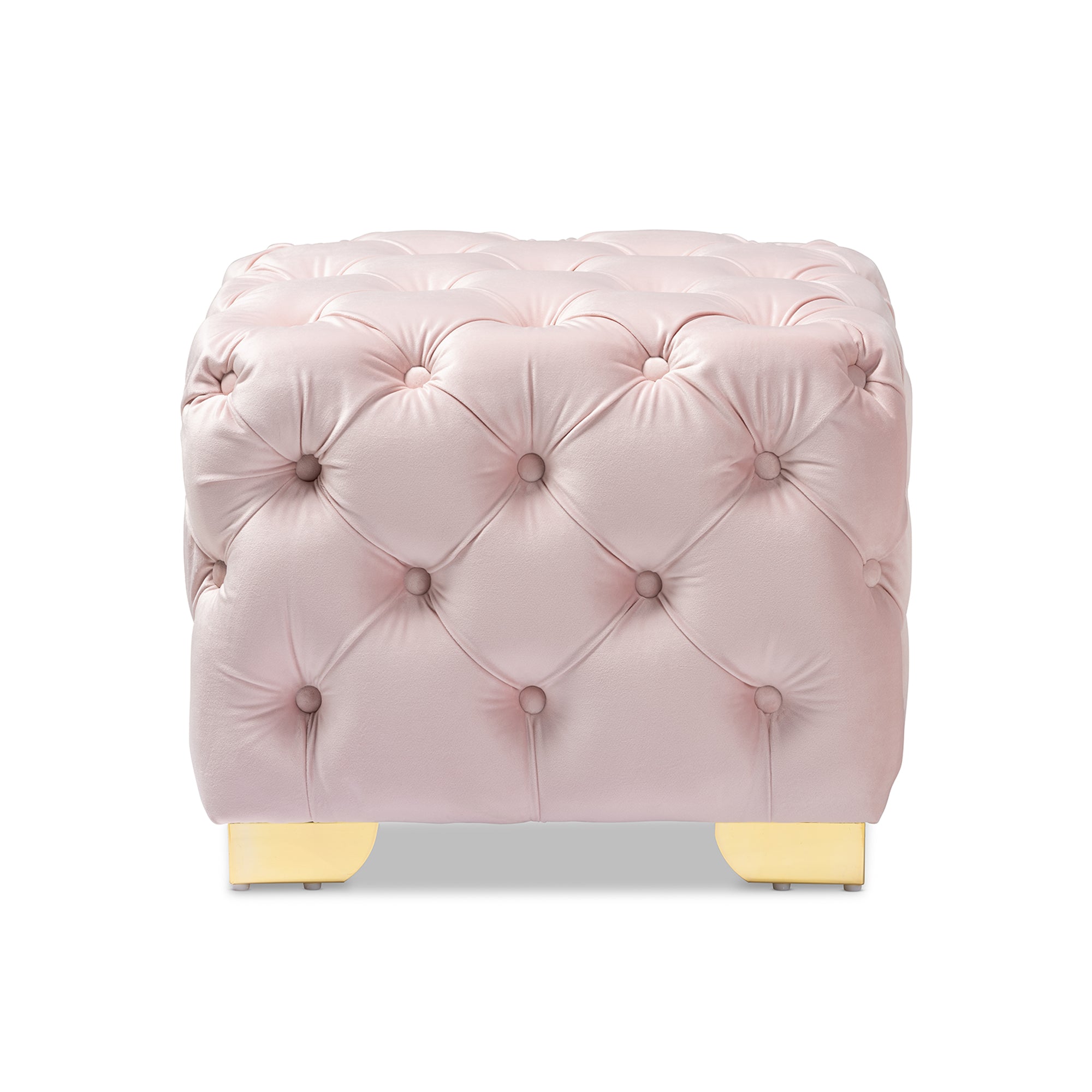 Avara Light Pink Velvet Fabric Upholstered Gold Finished Button Tufted Ottoman