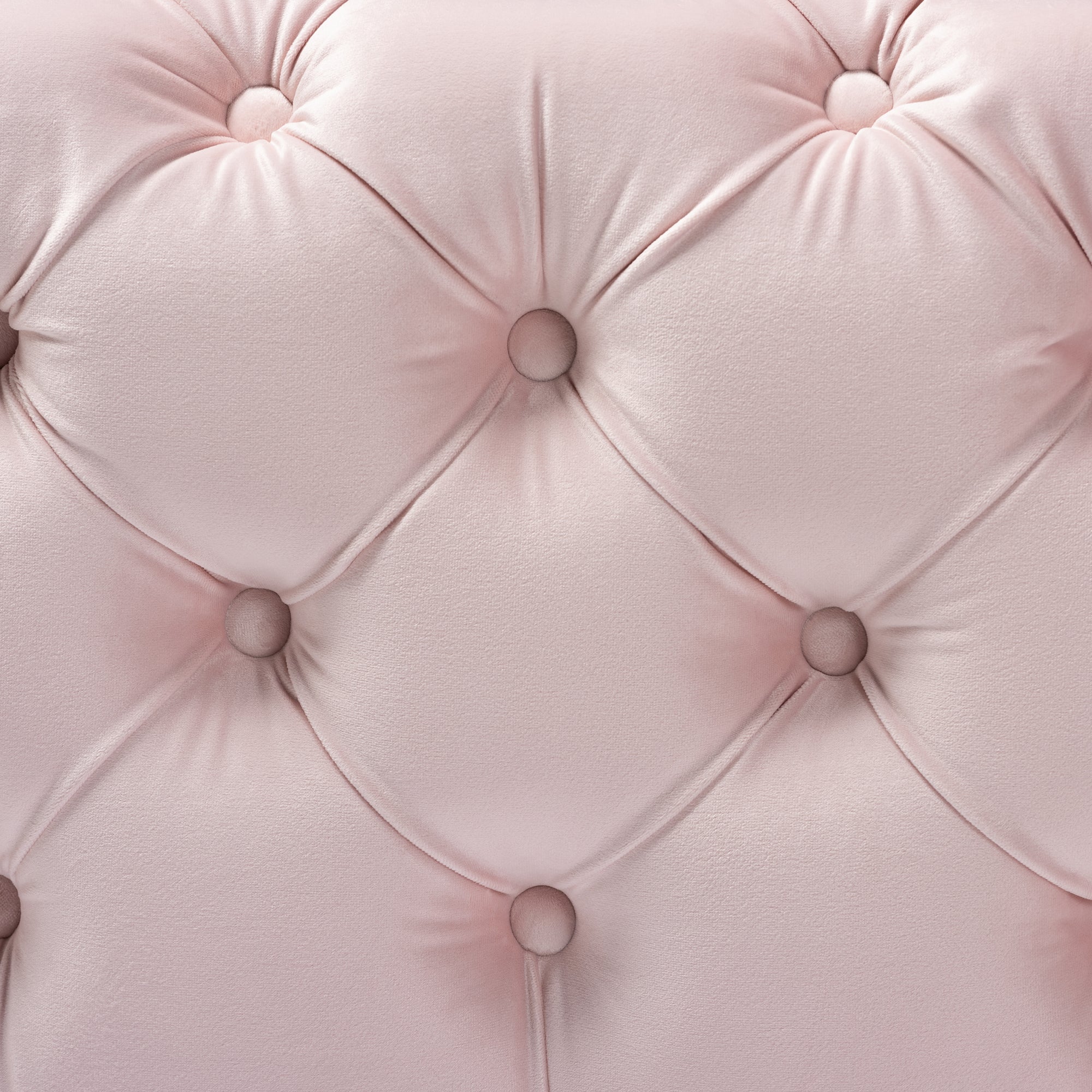Avara Light Pink Velvet Fabric Upholstered Gold Finished Button Tufted Ottoman