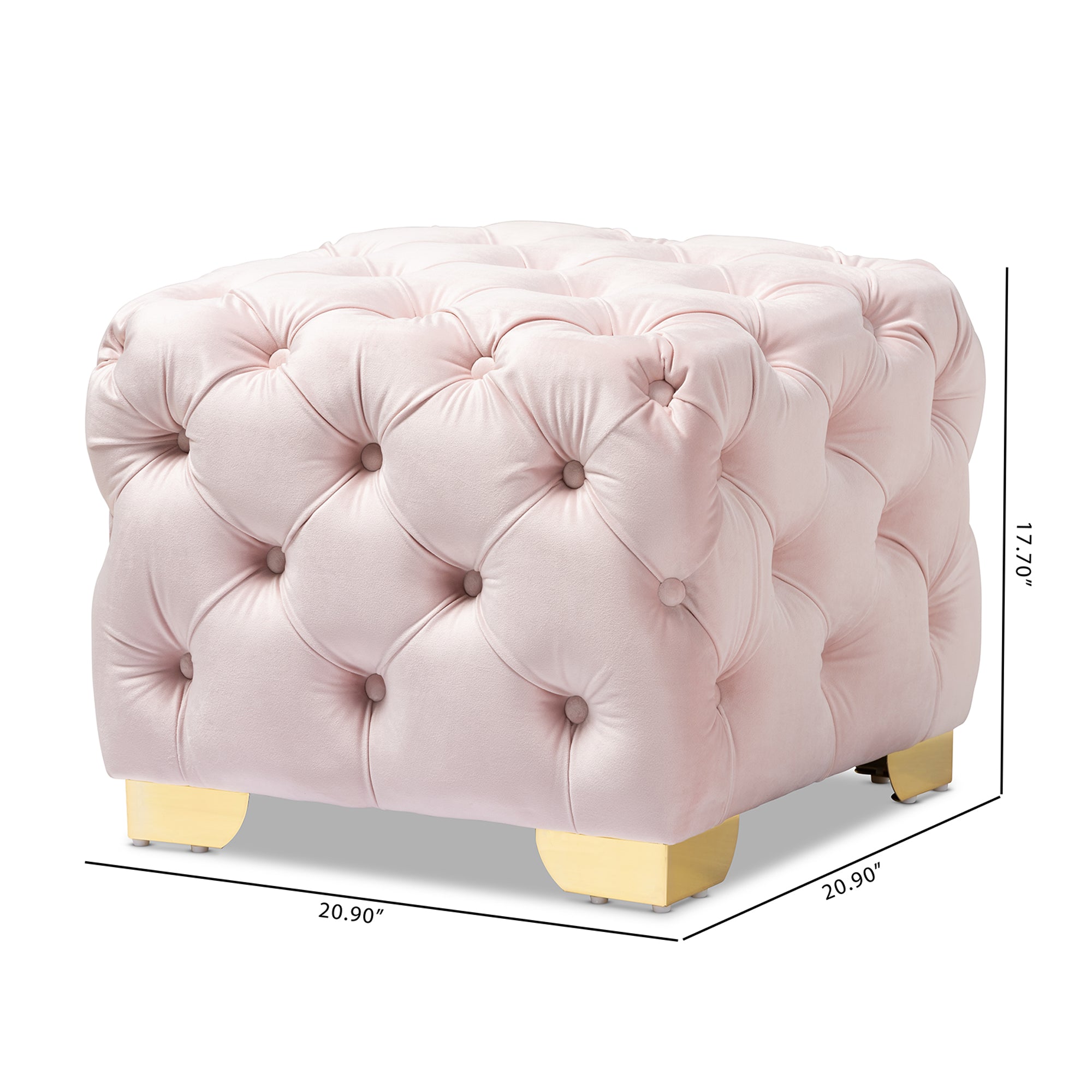 Avara Light Pink Velvet Fabric Upholstered Gold Finished Button Tufted Ottoman