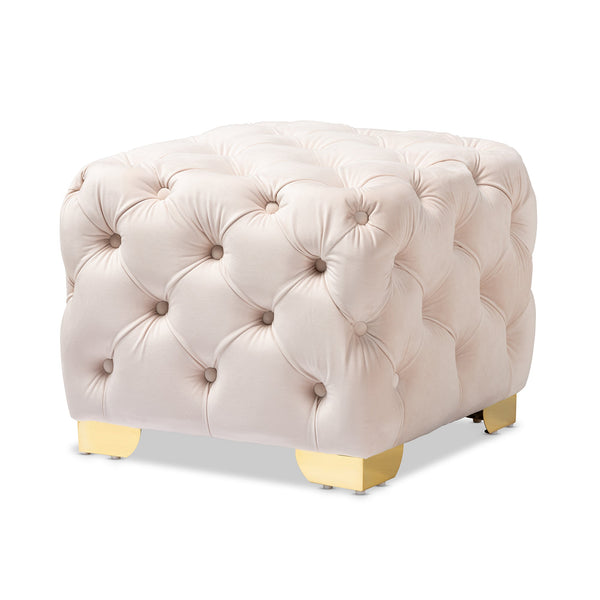 Avara Light Beige Velvet Fabric Upholstered Gold Finished Button Tufted Ottoman