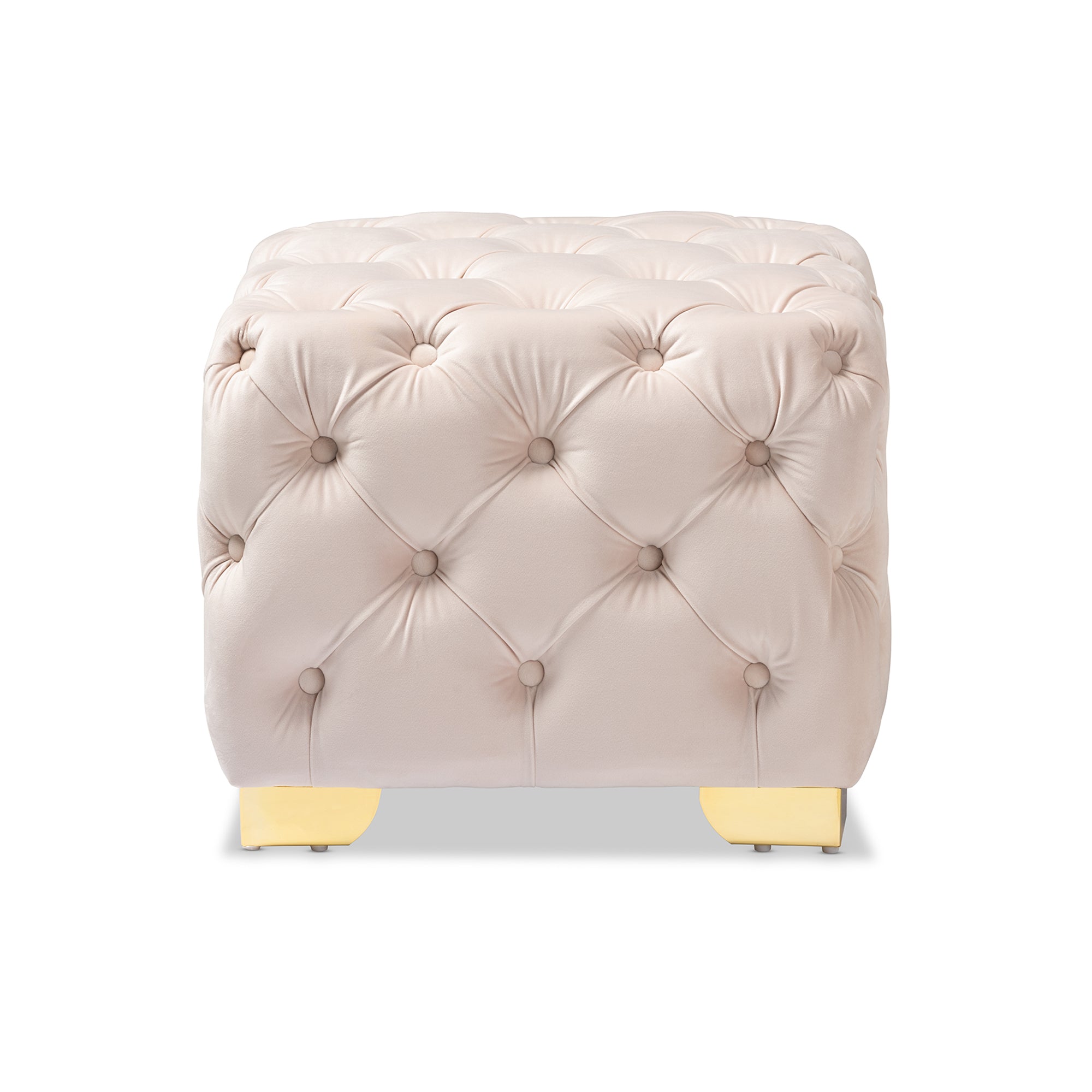 Avara Light Beige Velvet Fabric Upholstered Gold Finished Button Tufted Ottoman