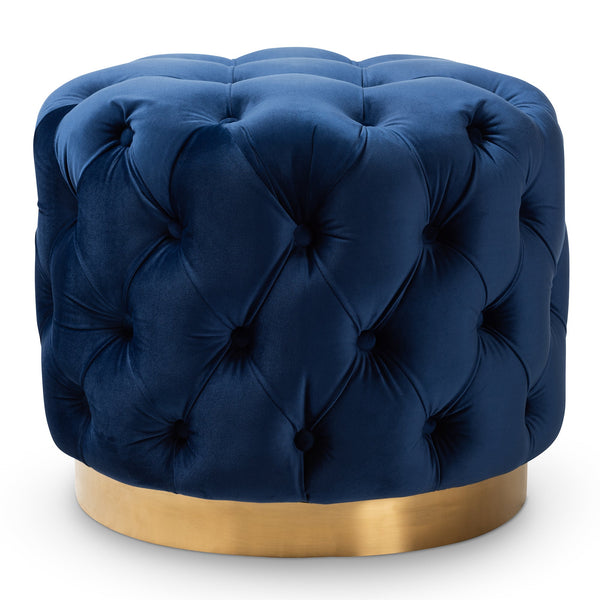 Valeria Royal Blue Velvet Fabric Upholstered Gold-Finished Button Tufted Ottoman