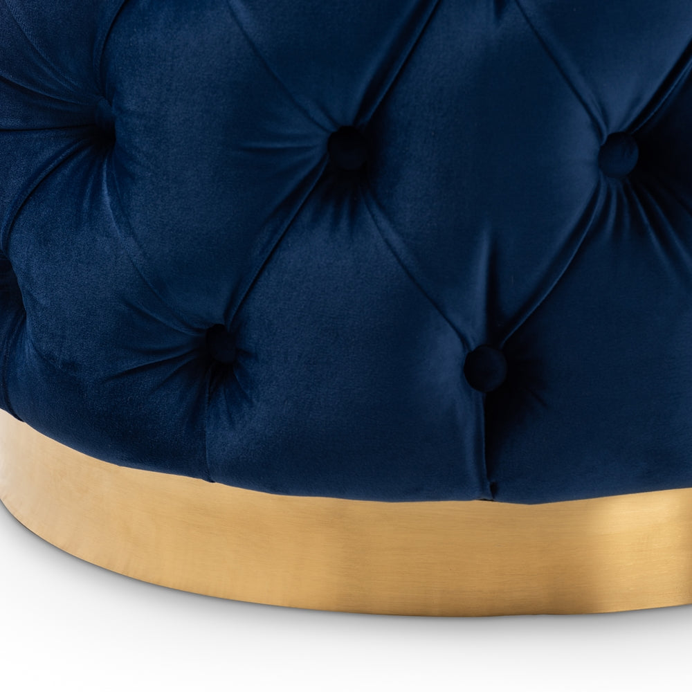 Valeria  Royal Velvet Fabric Upholstered Gold-Finished Button Tufted Ottoman