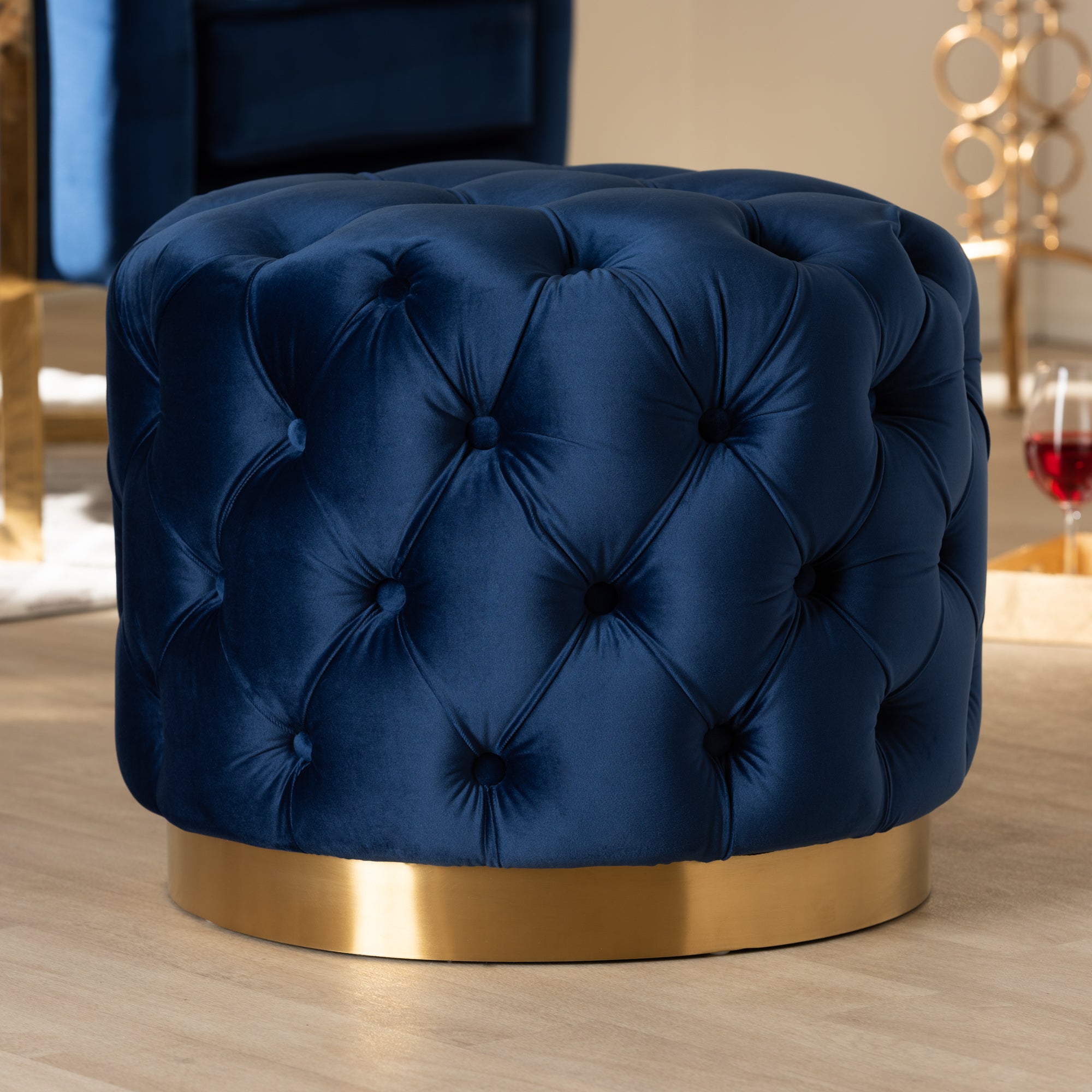 Valeria Royal Blue Velvet Fabric Upholstered Gold-Finished Button Tufted Ottoman