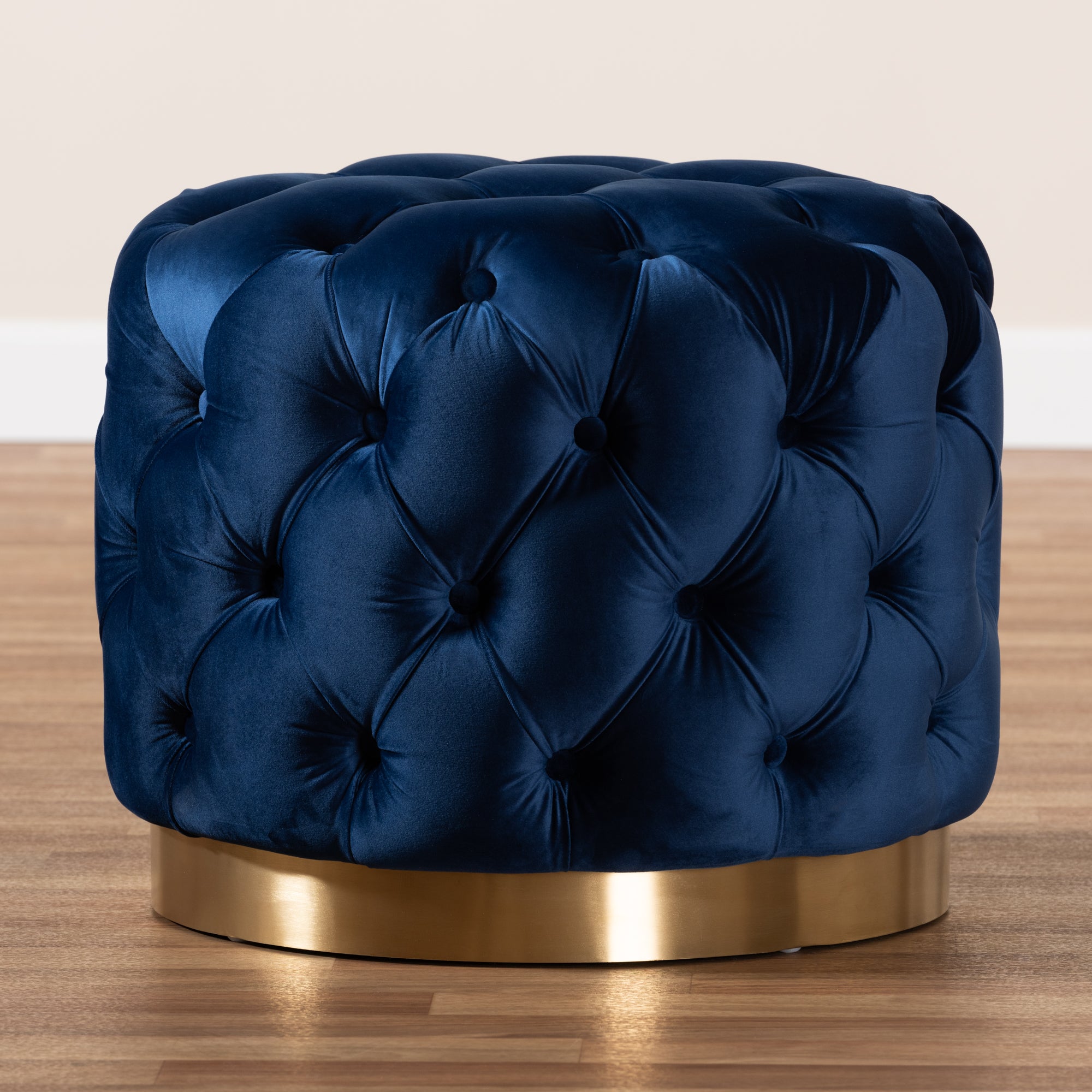 Valeria Royal Blue Velvet Fabric Upholstered Gold-Finished Button Tufted Ottoman