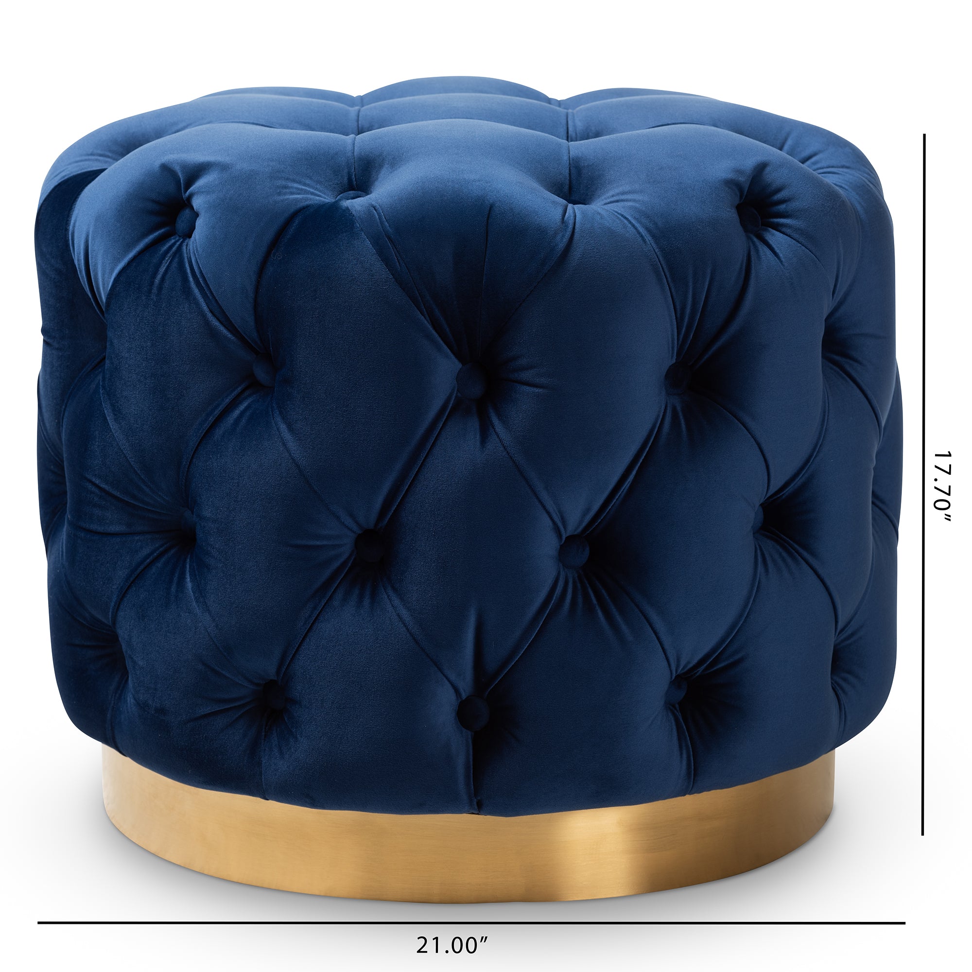Valeria Royal Blue Velvet Fabric Upholstered Gold-Finished Button Tufted Ottoman