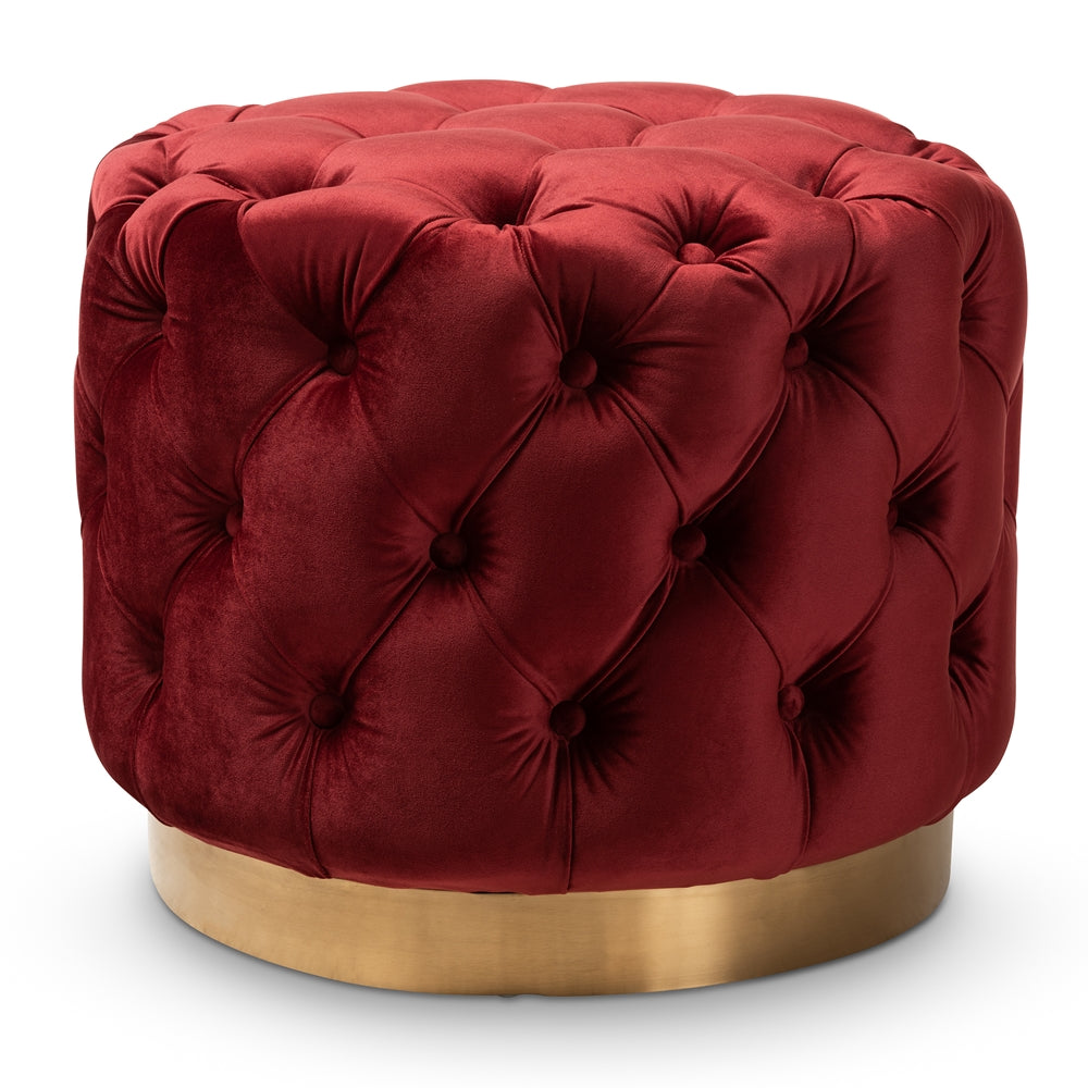 Valeria  Royal Velvet Fabric Upholstered Gold-Finished Button Tufted Ottoman