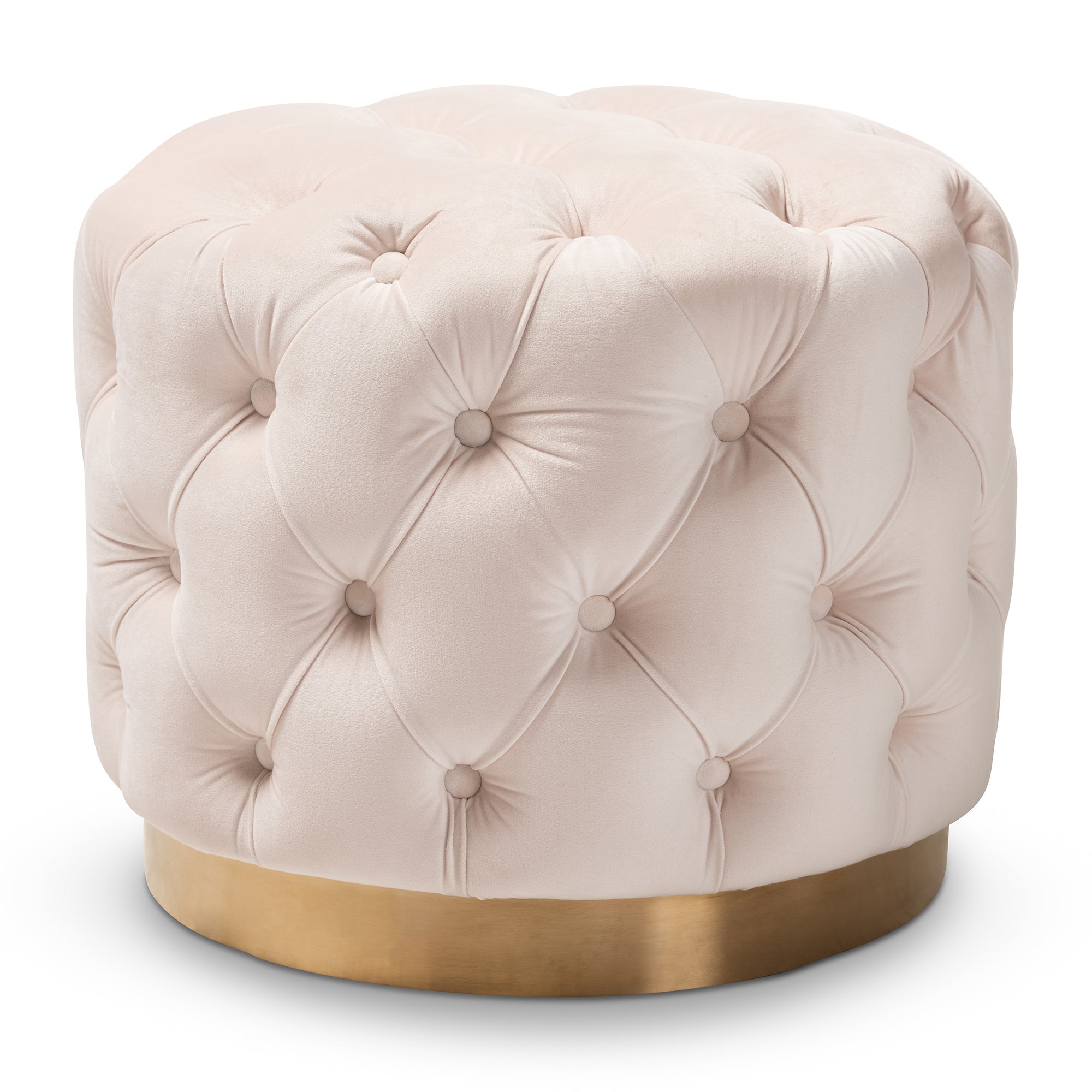 Valeria Light Beige Velvet Fabric Upholstered Gold-Finished Button Tufted Ottoman