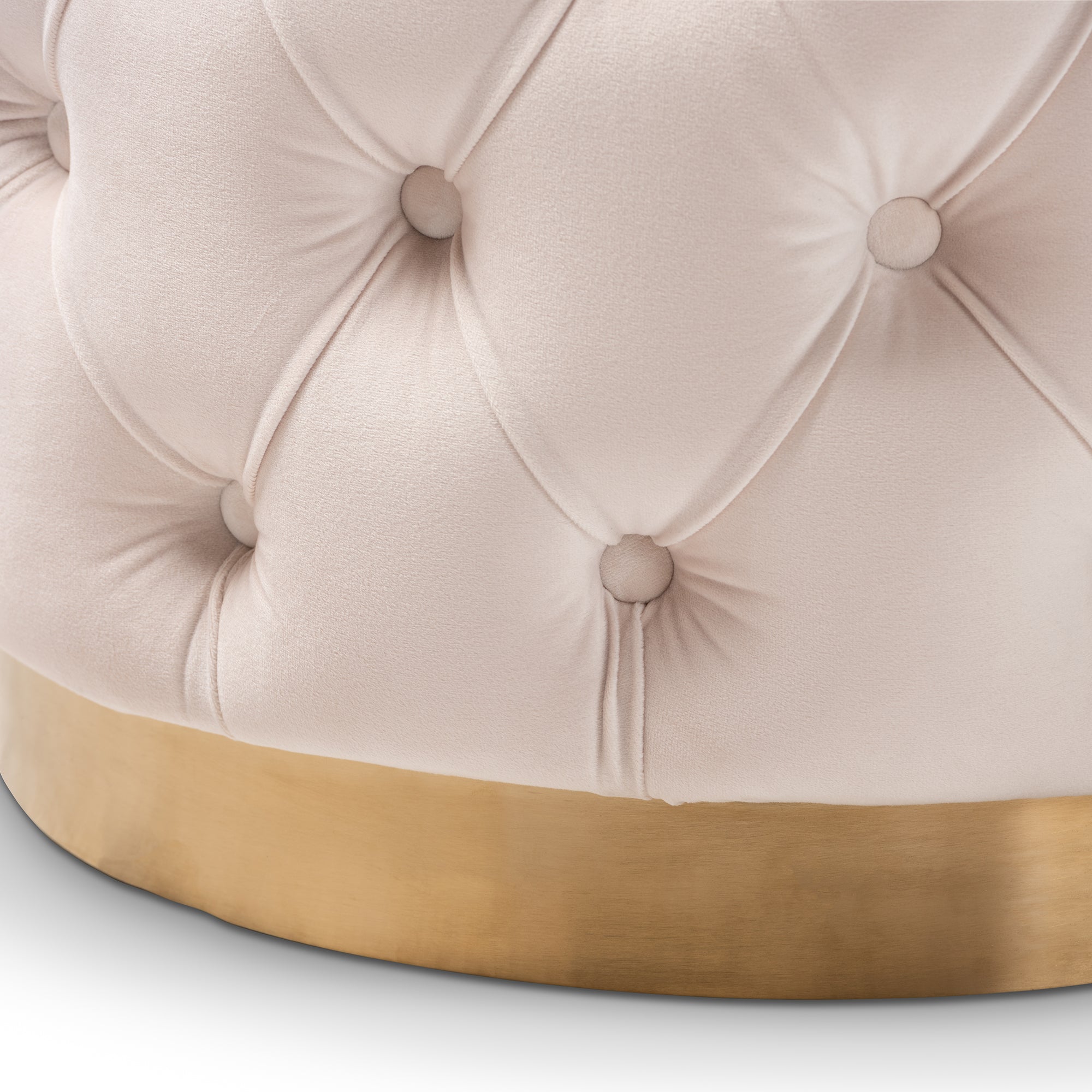 Valeria Light Beige Velvet Fabric Upholstered Gold-Finished Button Tufted Ottoman