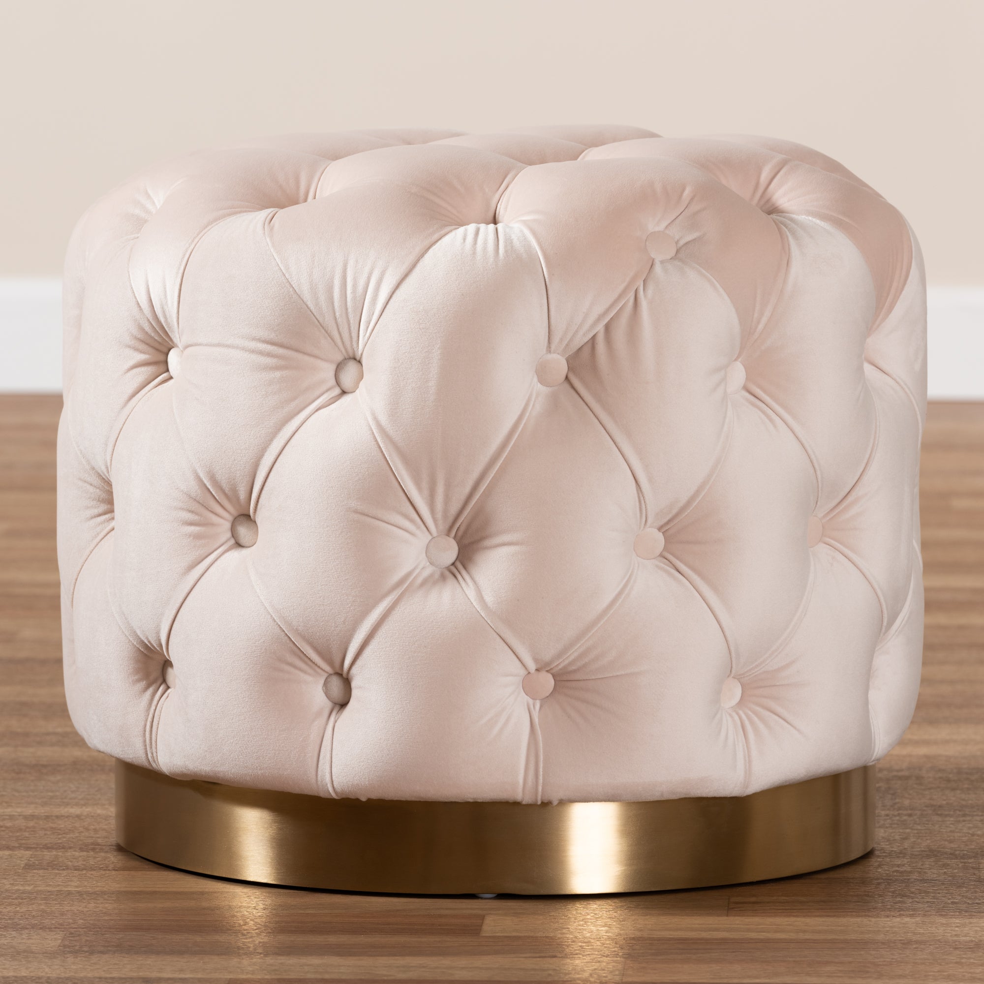 Valeria Light Beige Velvet Fabric Upholstered Gold-Finished Button Tufted Ottoman