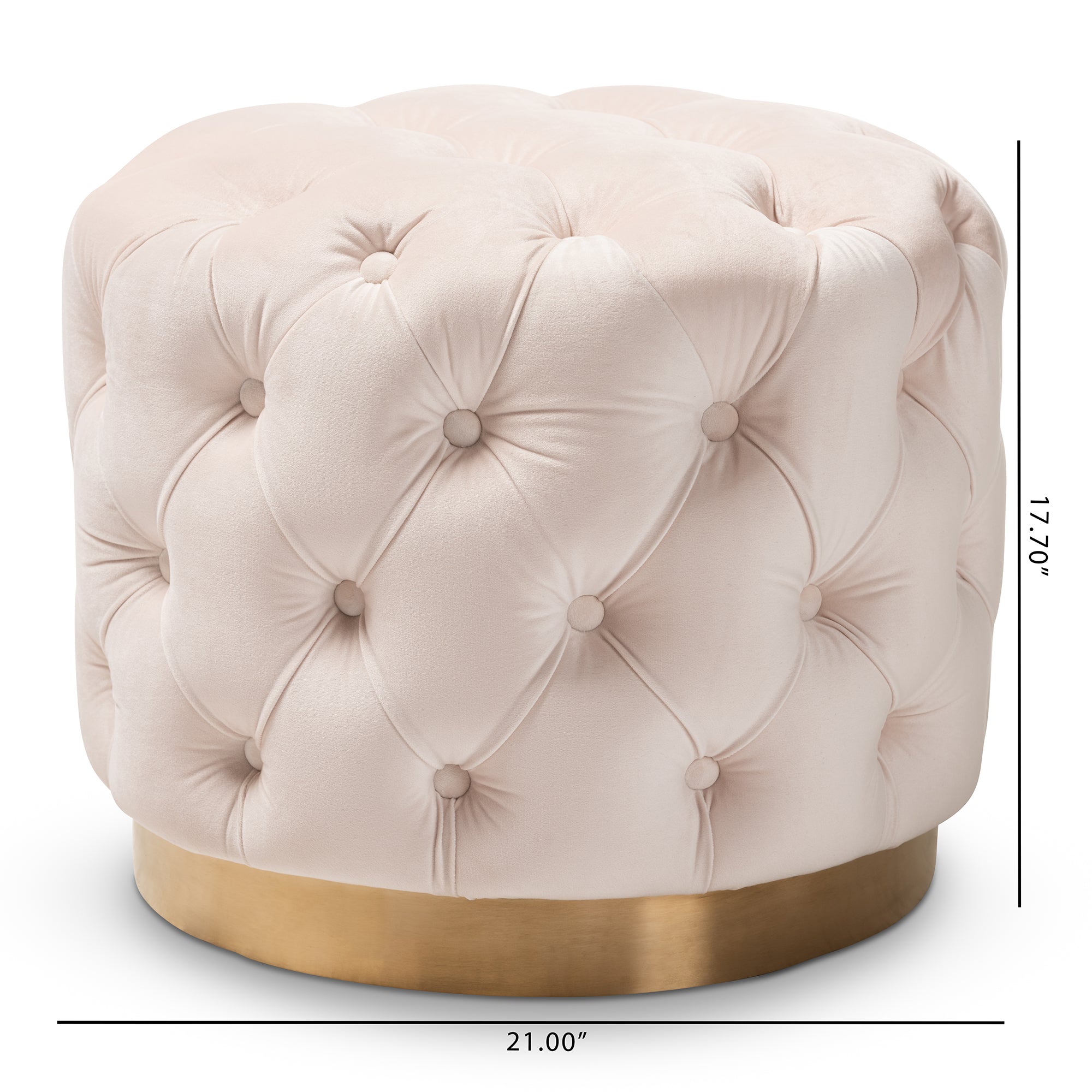 Valeria Light Beige Velvet Fabric Upholstered Gold-Finished Button Tufted Ottoman