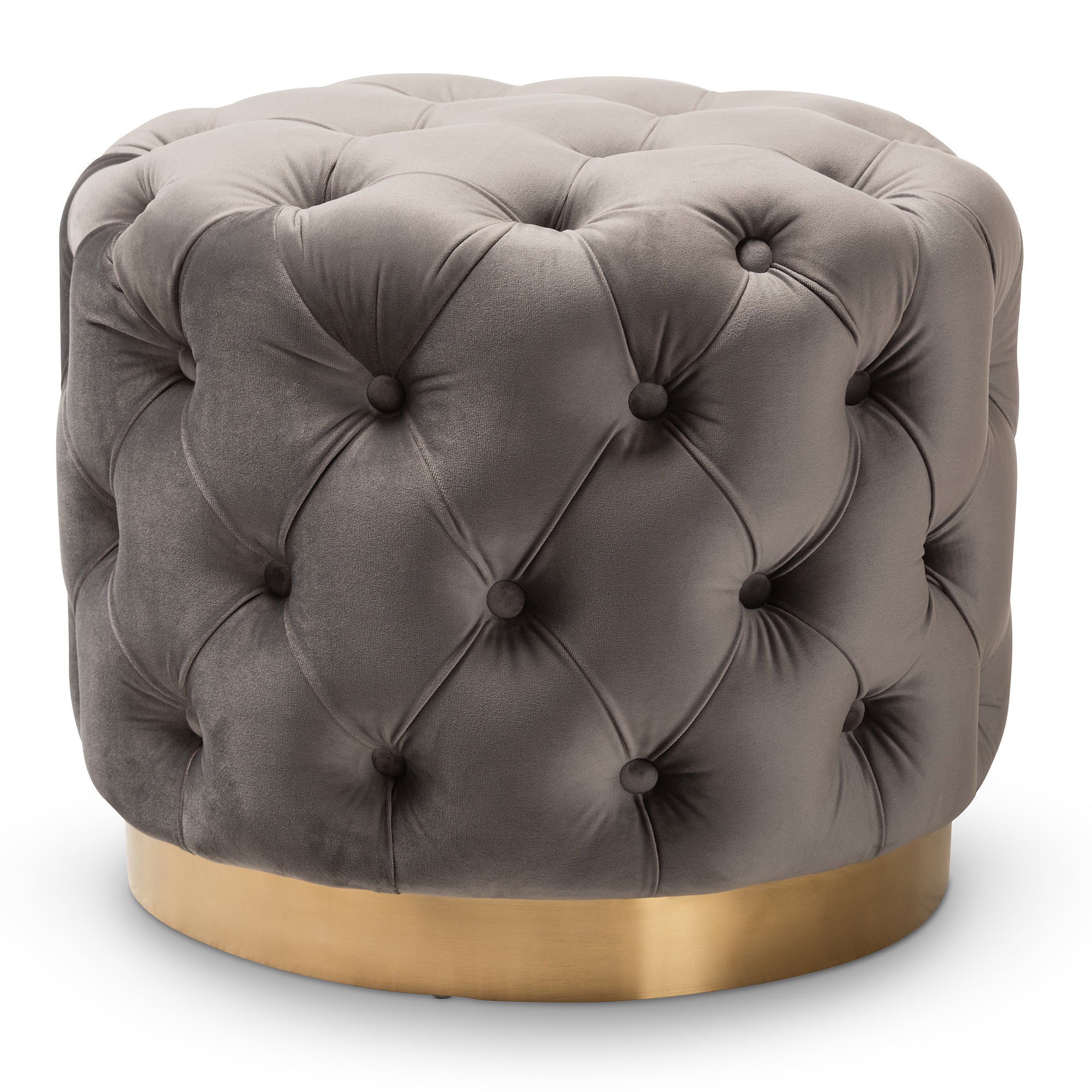 Baxton Studio Valeria Glam Gray Velvet Fabric Upholstered Gold-Finished Button Tufted Ottoman