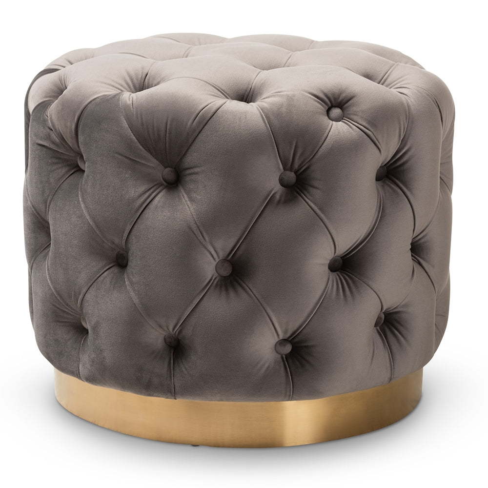 Valeria  Royal Velvet Fabric Upholstered Gold-Finished Button Tufted Ottoman