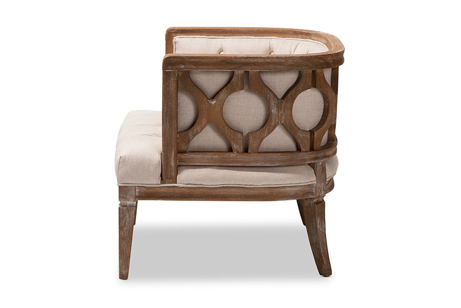 Esme French Provincial Beige Linen Fabric Upholstered and White-Washed Oak Wood Accent Barrel Chair
