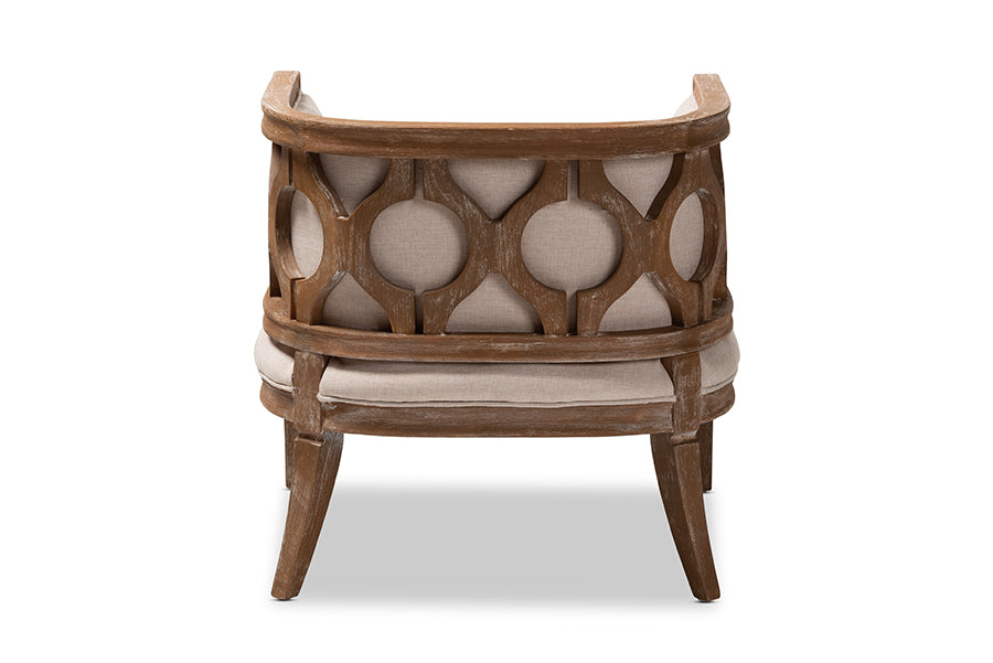 Esme French Provincial Beige Linen Fabric Upholstered and White-Washed Oak Wood Accent Barrel Chair
